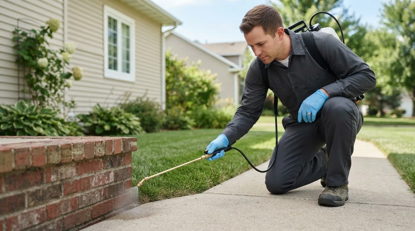 Pest control technician treating a home near Ackley, IA